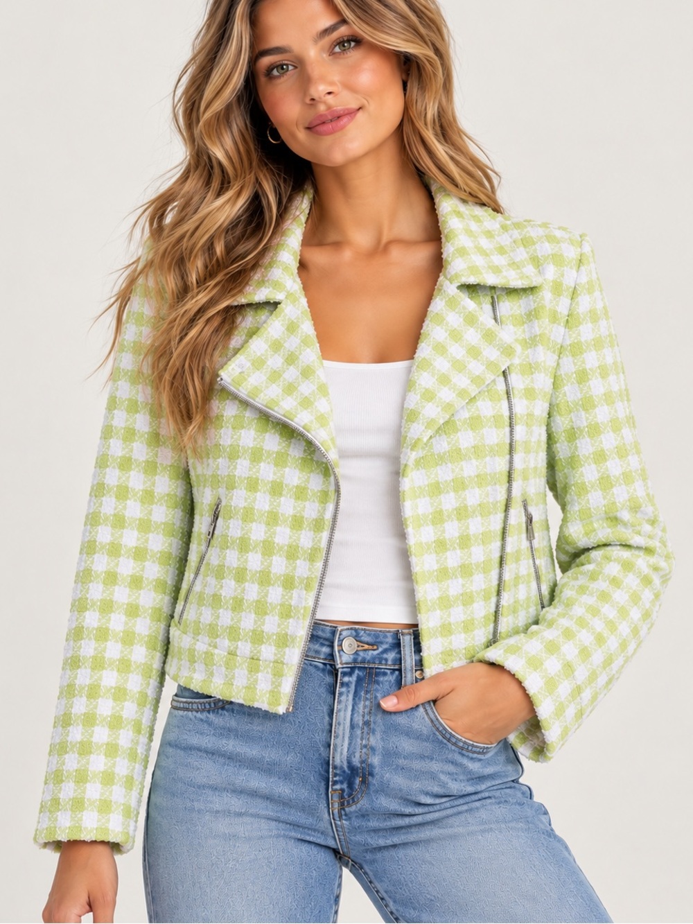Cefian Green White Gingham Tweed Moto Jacket Asymmetrical Zip. Size M